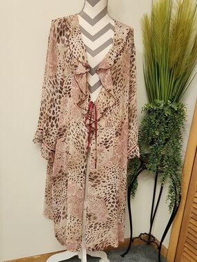 Serenada Sheer Ruffled Tie-Front Floral Animal Print Robe - Pink Beige